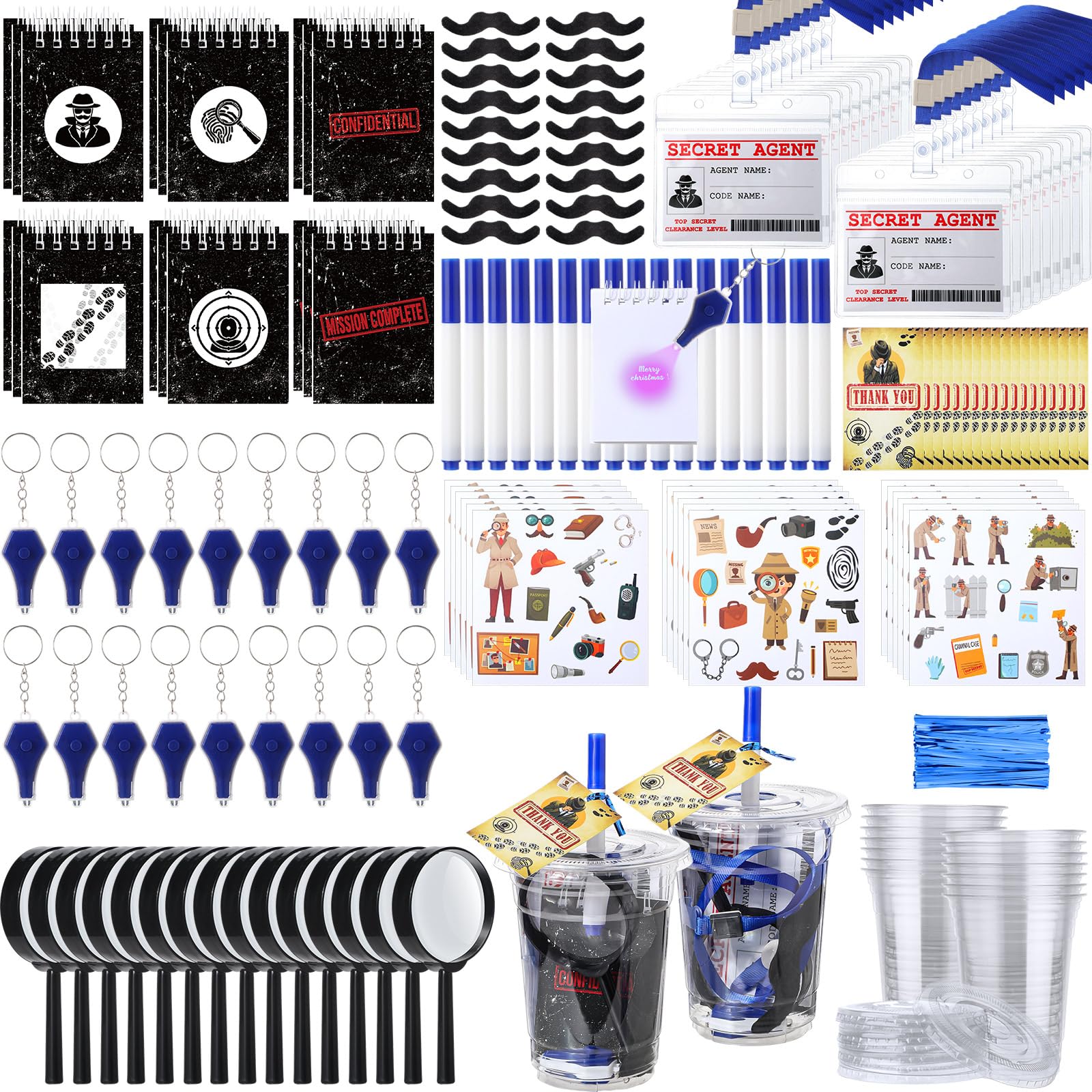 Photo 1 of Engrowtic 163 Pcs Spy Detective Party Favors Invisible Ink Pen UV Mini Keychain Flashlight Spiral Mini Notebooks Secret Agent ID Card Holder Magnifying Glasses Fake Mustache Cup Sticker Party Card