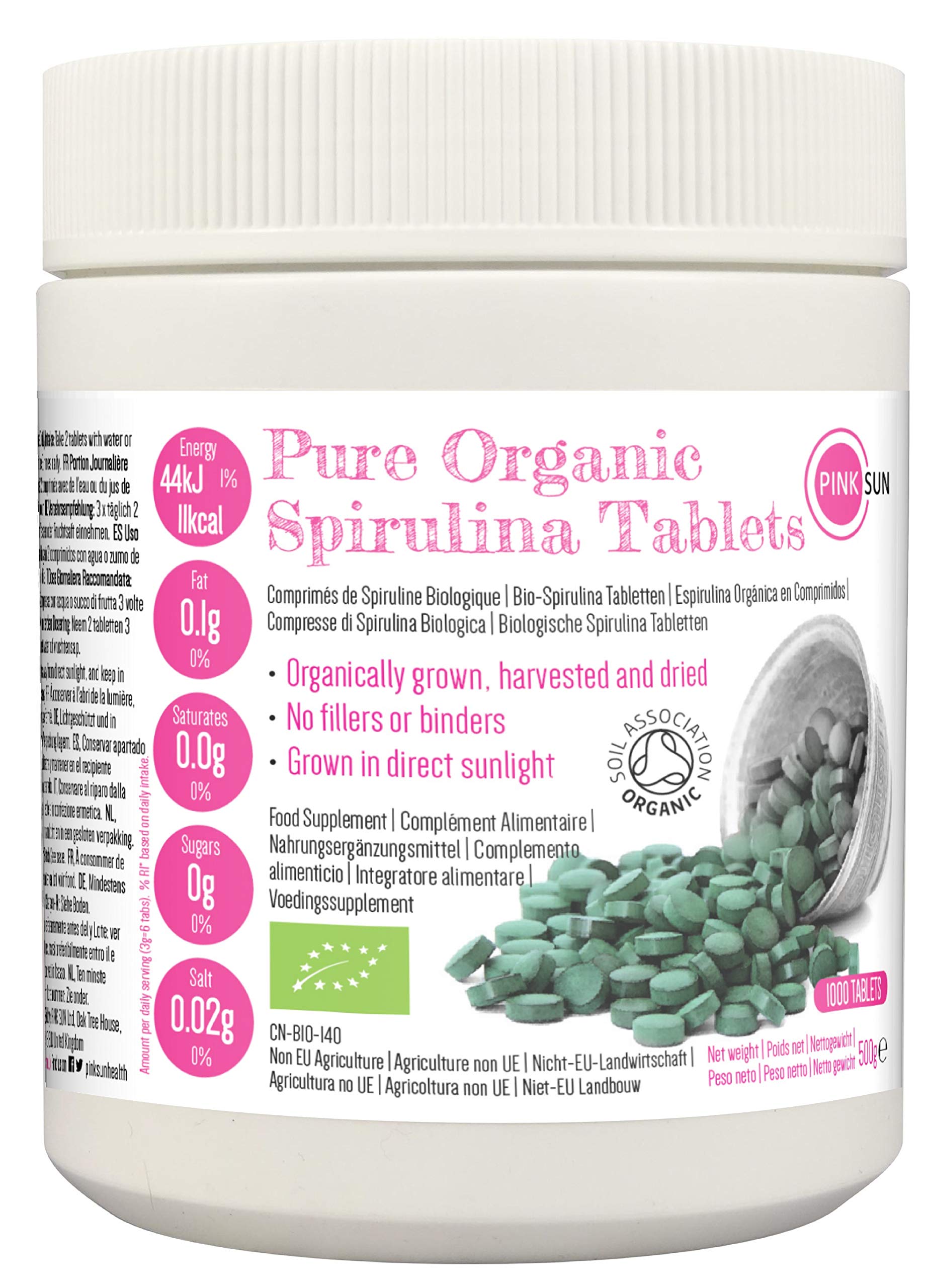 PINK SUN Organic Spirulina Tablets 1000 x 500mg Tabs Gluten Free Non GMO Suitable for Vegetarians and Vegans Certified Organic by The Soil Association 500g Bulk Buy