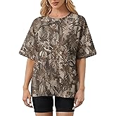MSBESYOR Camo Shirt for Women Maple Leaf Print Short Sleeve Crewneck T-Shirts Summer Oversized Tee Shirts Streetwear