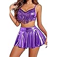 Avidlove Rave Outfits for Women Sequin Fringe Outfits Cosplay Lingerie 3pack Costume Set with Metallic Skirt