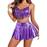 Avidlove Rave Outfits for Women Sequin Fringe Outfits Cosplay Lingerie 3pack Costume Set with Metallic Skirt