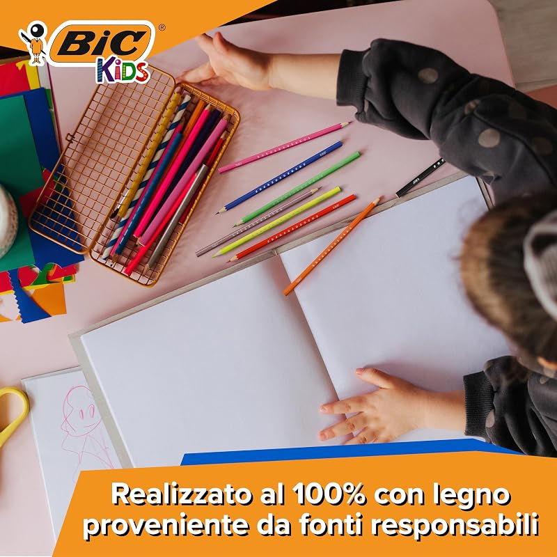 Matite per colorare BIC Kids Smooth realizzate al 100% con legno proveniente da fonti responsabili - Colori standard, metallizzati, pastello e fluo assortiti, Confezione da 54