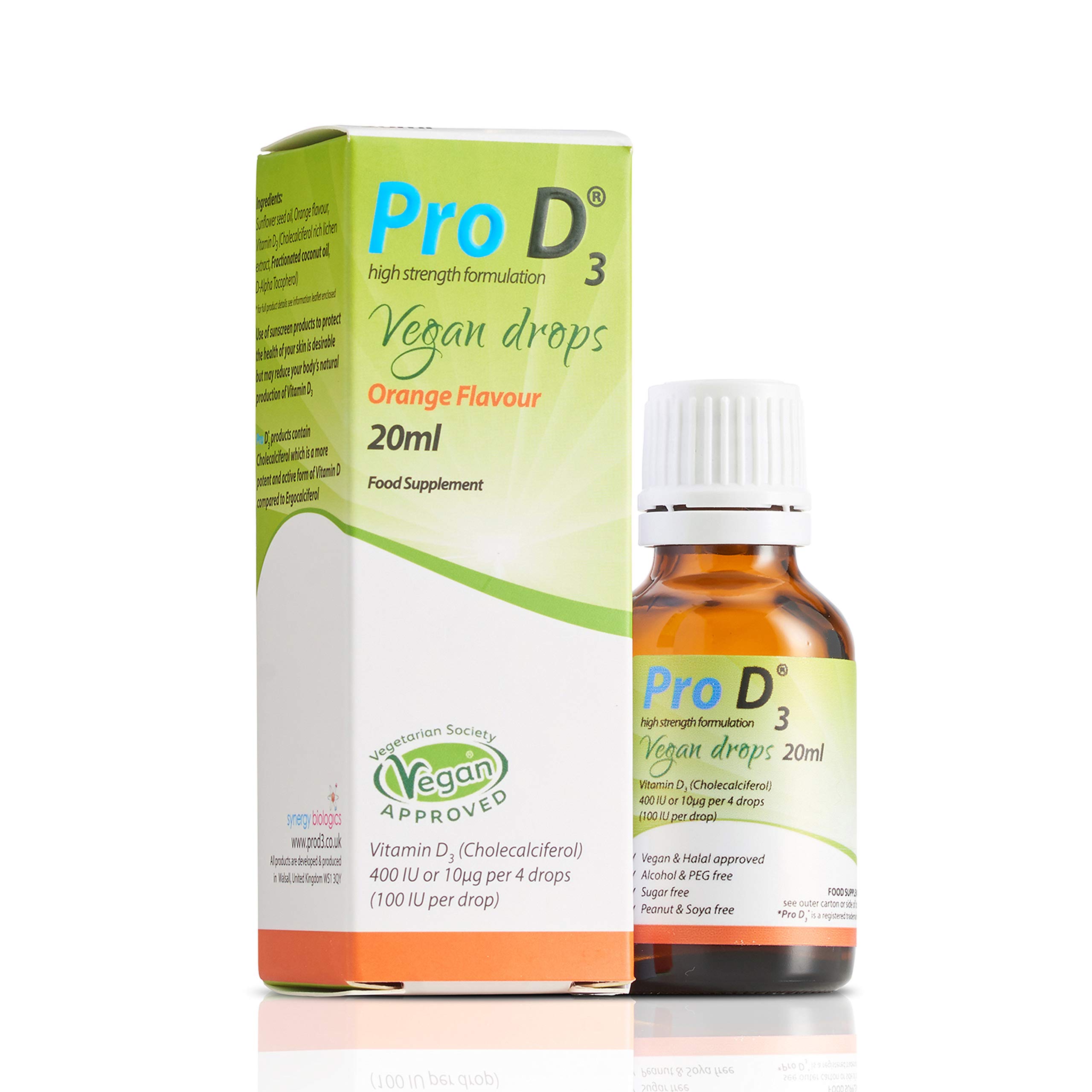 Pro D3 Vegan Drops 20ml (Vitamin D3-400 IU per 4 Drops) | Vegan Vitamin D3 | Made in the UK | Free from Alcohol, Crustaceans, Dairy, Gelatine, Gluten, Milk, Nut, Peanut, Sugar, SOYA