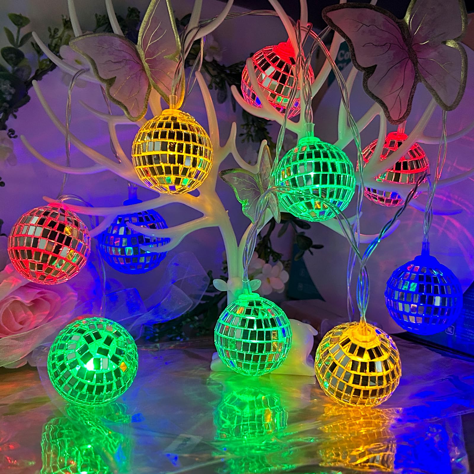 Morofme 10 Colorful LED Disco Ball String Lights Hanging Mirror Disco Party Light Mini Disco Balls Ornaments Tree Decoration Light Christmas Lamp for Holiday Wall Window Indoor Outdoor 70s Party