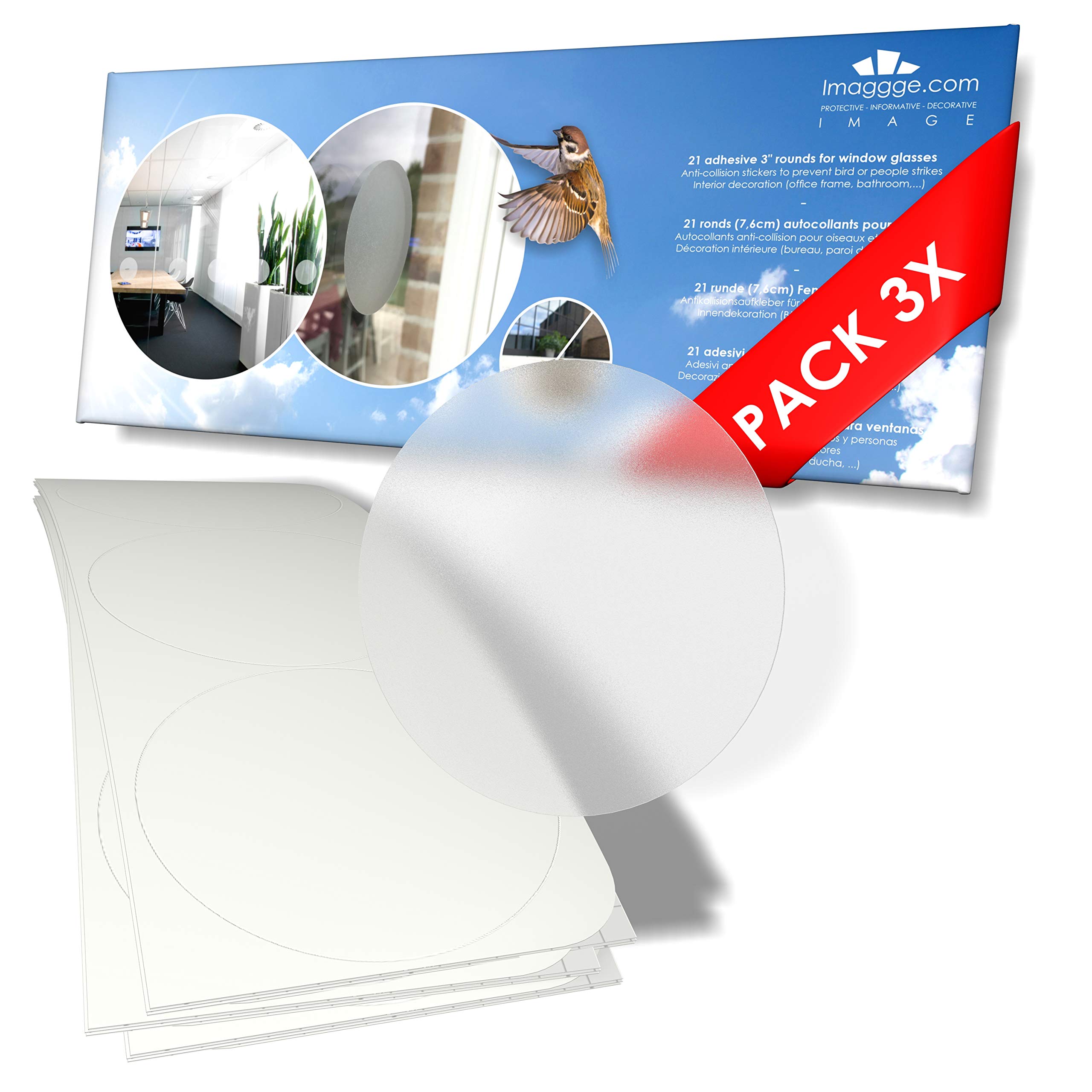 3 Sets of 21 Rounds Stickers (63 Rounds) - Anti-Collision Stickers to Prevent Persons or Birds Strikes on Window Glass/Choice of Colours Available (Diameter: 3 in) (Translucent Frosted/Dusted)