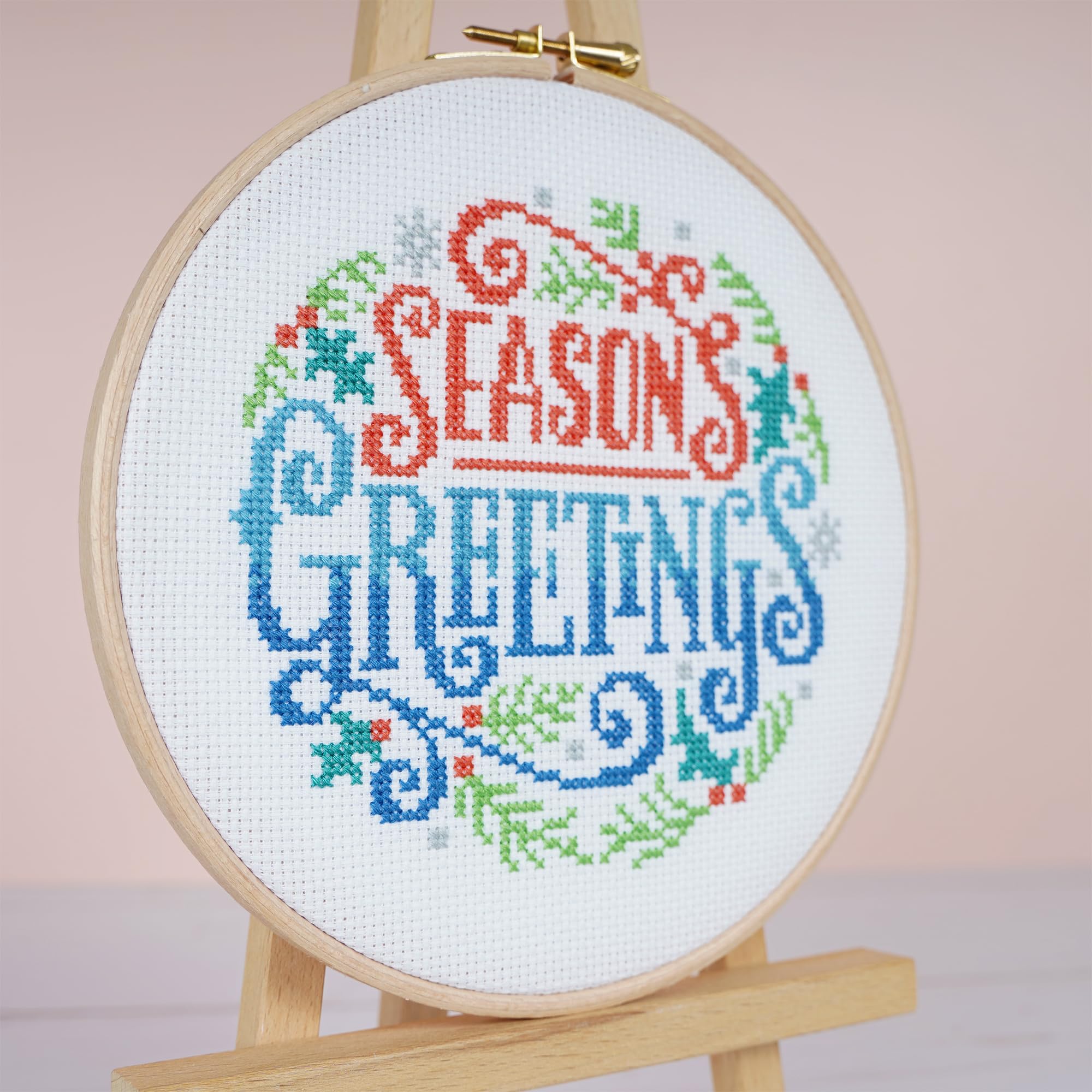 Christmas Cross Stitch Kit - Season's Greetings for Beginners Modern Kit Includes DMC Threads and Zweigart Fabric