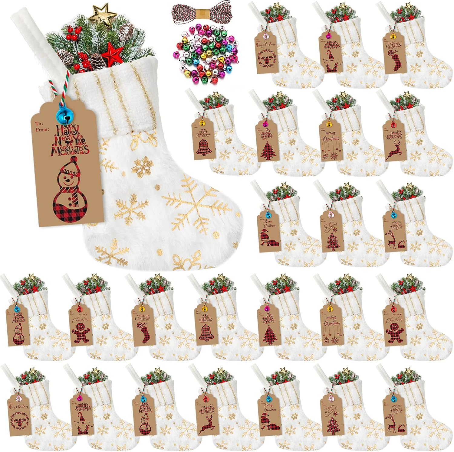 Stockings & Holders - 24 Set Mini White Christmas Stockings Set 6 Inch Faux Fur Xmas Hanging Stocking Small Plush Xmas Stocking with Sequin Snowflake Christmas Kraft Gift Tags (Gold,Simple)