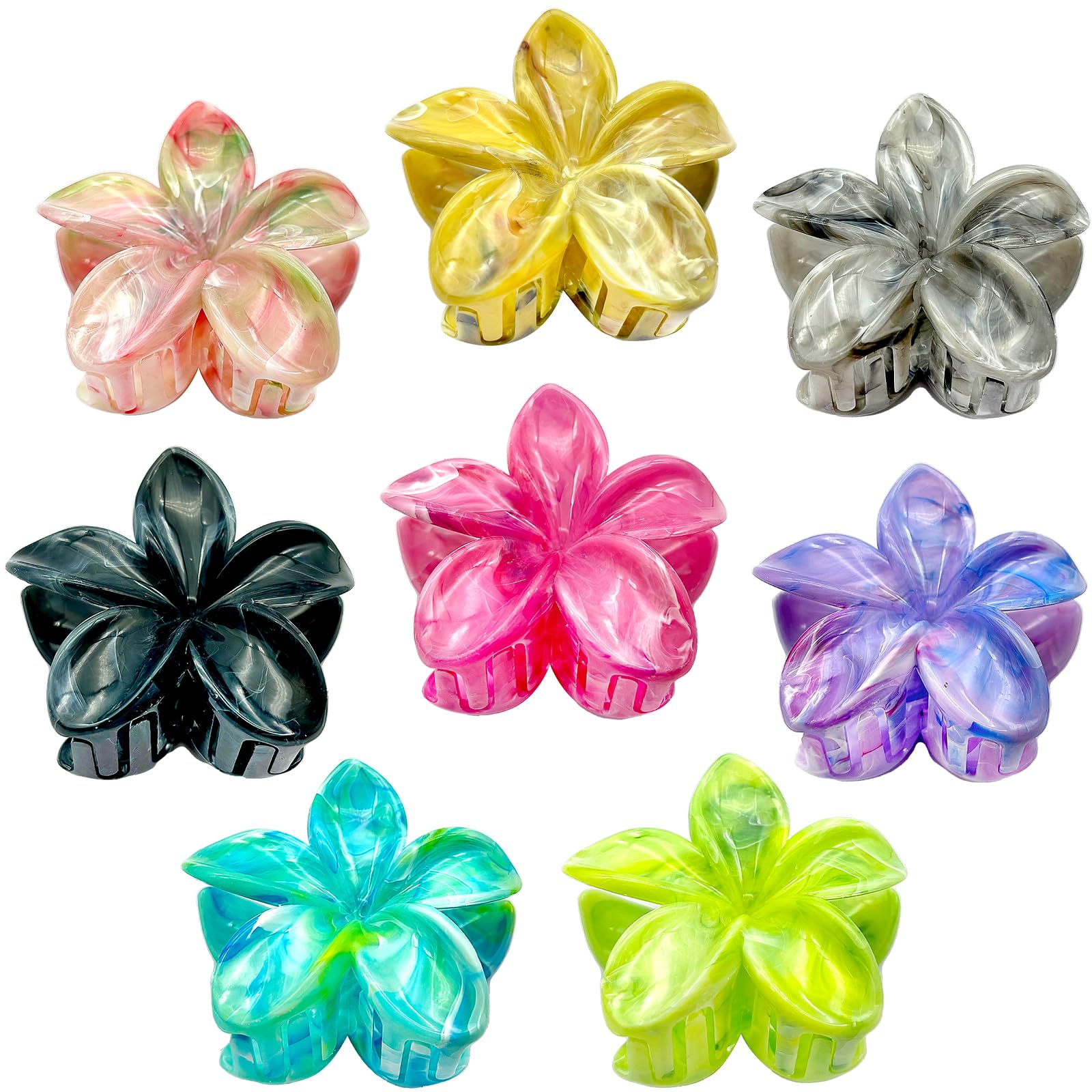 Photo 1 of Flower Hair Claw Clips for Women, 8 Pack Hawaiian Flower Hair Clips, Plumeria Claw Clips for Thick Thin Hair, Large Strong Hold Nonslip Hawai Hair Accessories for Women Girls Gifts(Marbling-8 Colors)