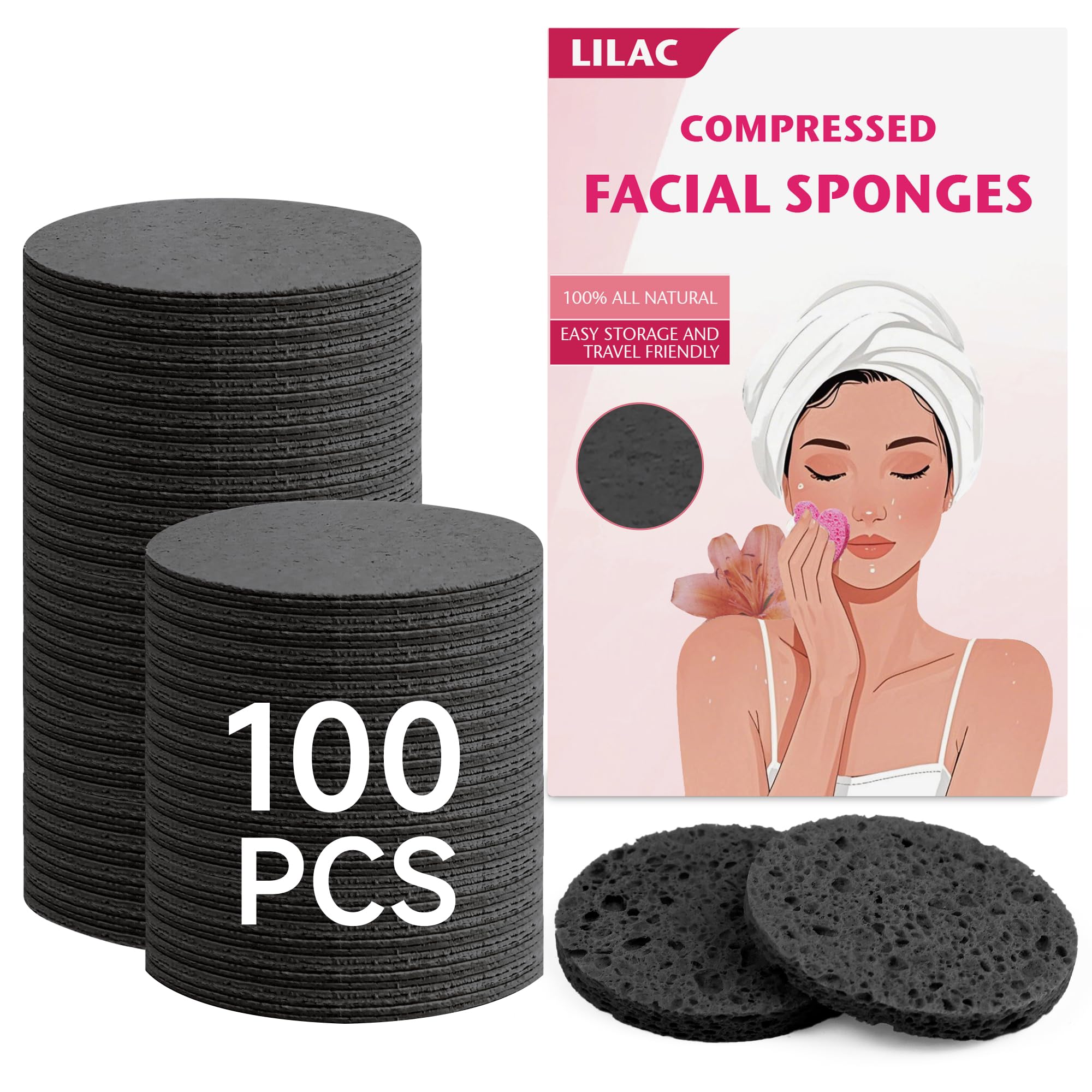Photo 1 of 100 Count Compressed Facial Sponges 100% Natural Cellulose Eco-Friendly Makeup Sponges for Gentle Cleansing, Exfoliating & Stubborn Makeup Removal Travel for Women (Round Black)