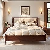 Merax King Size Solid Wood Platform Bed Frame, Upholstered Headboard &amp; Classic Spindle &amp; with Fabric Panel, No Box Spring Needed, 500 lbs Capacity Timeless Traditional for Bedroom, Brown