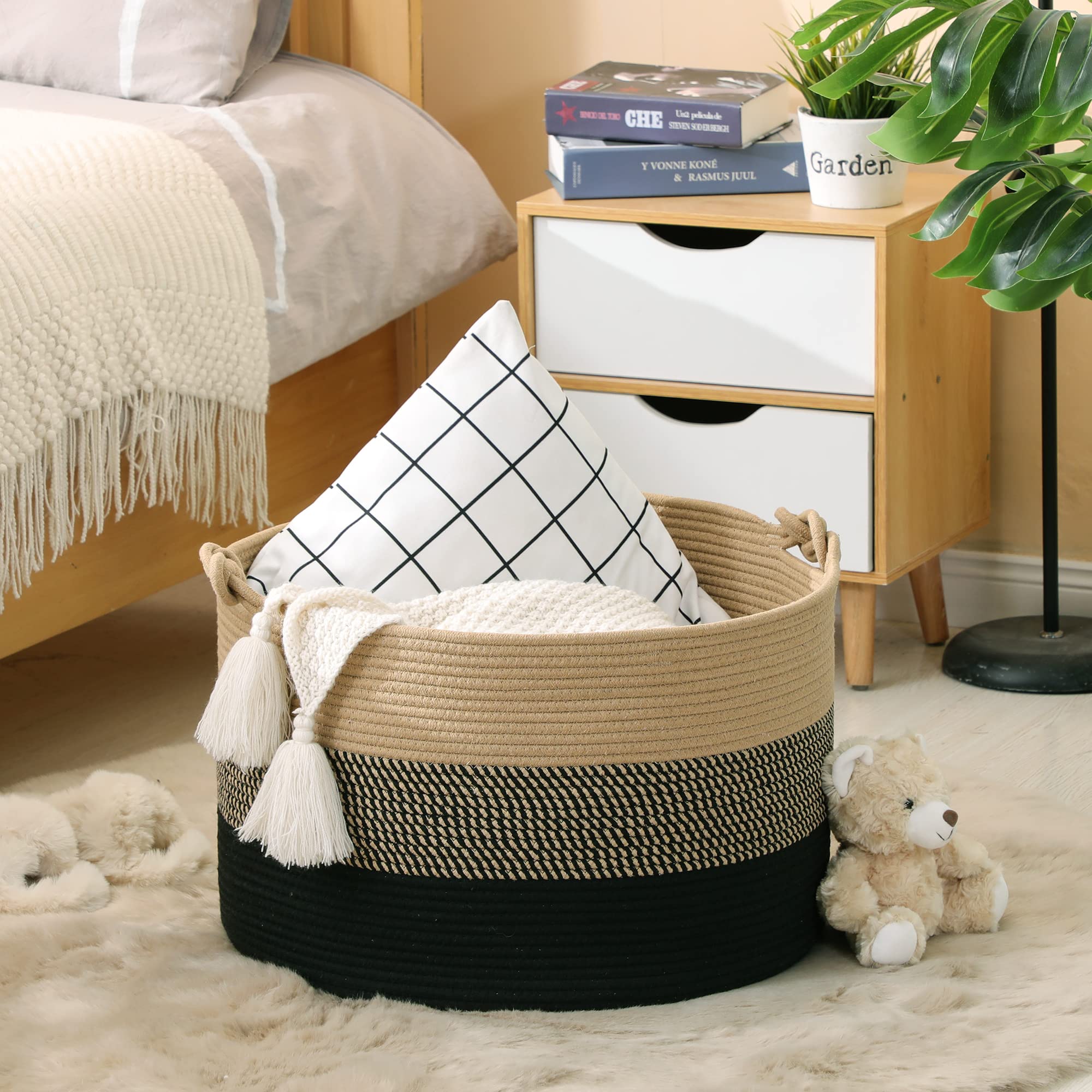 KAKAMAY Large Blanket Basket (20"x13"),Woven Rope Baskets for storage Baby Laundry Hamper, Cotton Rope Blanket Basket for Living Room, Laundry, Nursery, Pillows,Baby Toy chest (Jute/Black)