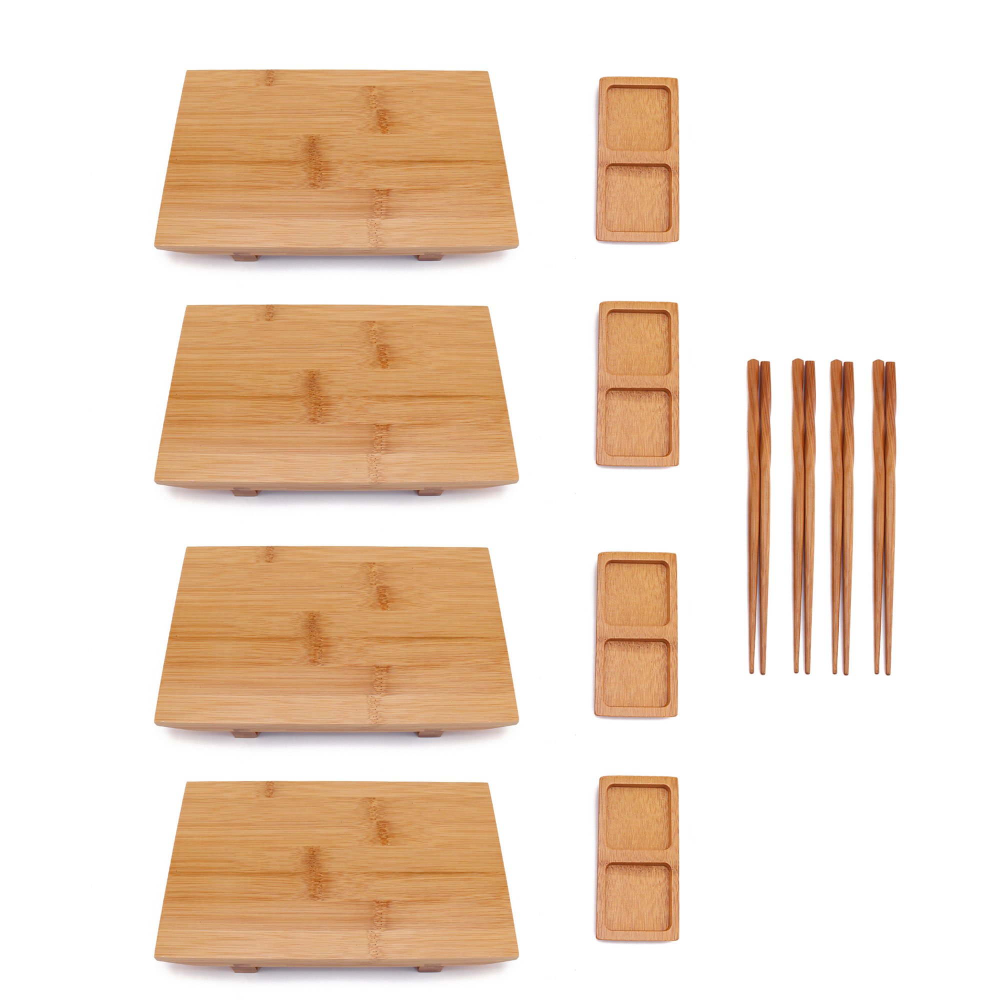 BambooMN Bamboo Sushi Plate/Tray, Chopsticks and Compartment Sauce Dish, 9.8" Rectangle - 4 Sets
