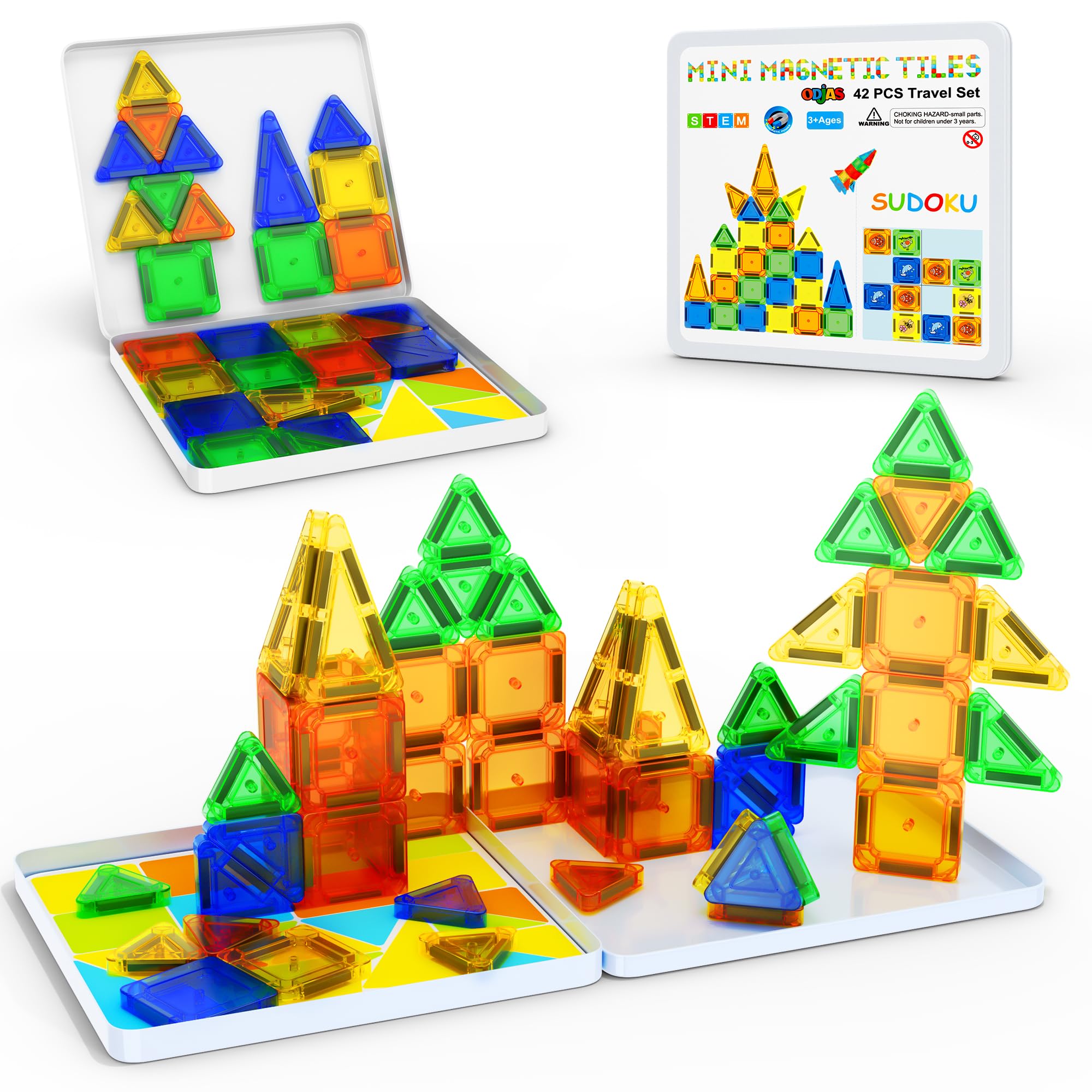 Bonus Sudoku Play, 42pcs Mini Magnetic Tiles Travel Set with Case, Mini Magnetic Blocks, Portable Travel Toys for Kids, STEM Educational Sensory Toys, Classroom Must Have