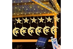 SAKAYO [Timer & 8 Modes] Ramadan Solar Outdoor Lights, Moon and Star Ramadan Lights Solar Ramadan Window Lights Curtain Fairy String Lights, Solar Ramadan Decor Eid Decorations for Yard Patio Porch