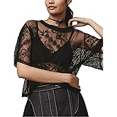 OPCAKM Lace Tops for Women Sexy Short Sleeve Mesh Tops Embroidered Sheer Lace T-Shirts See Through Blouse