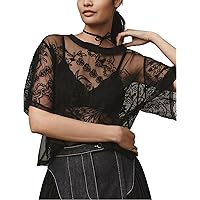 Women Lace Embroidered Mesh Tops Floral Short Sleeve See Through T