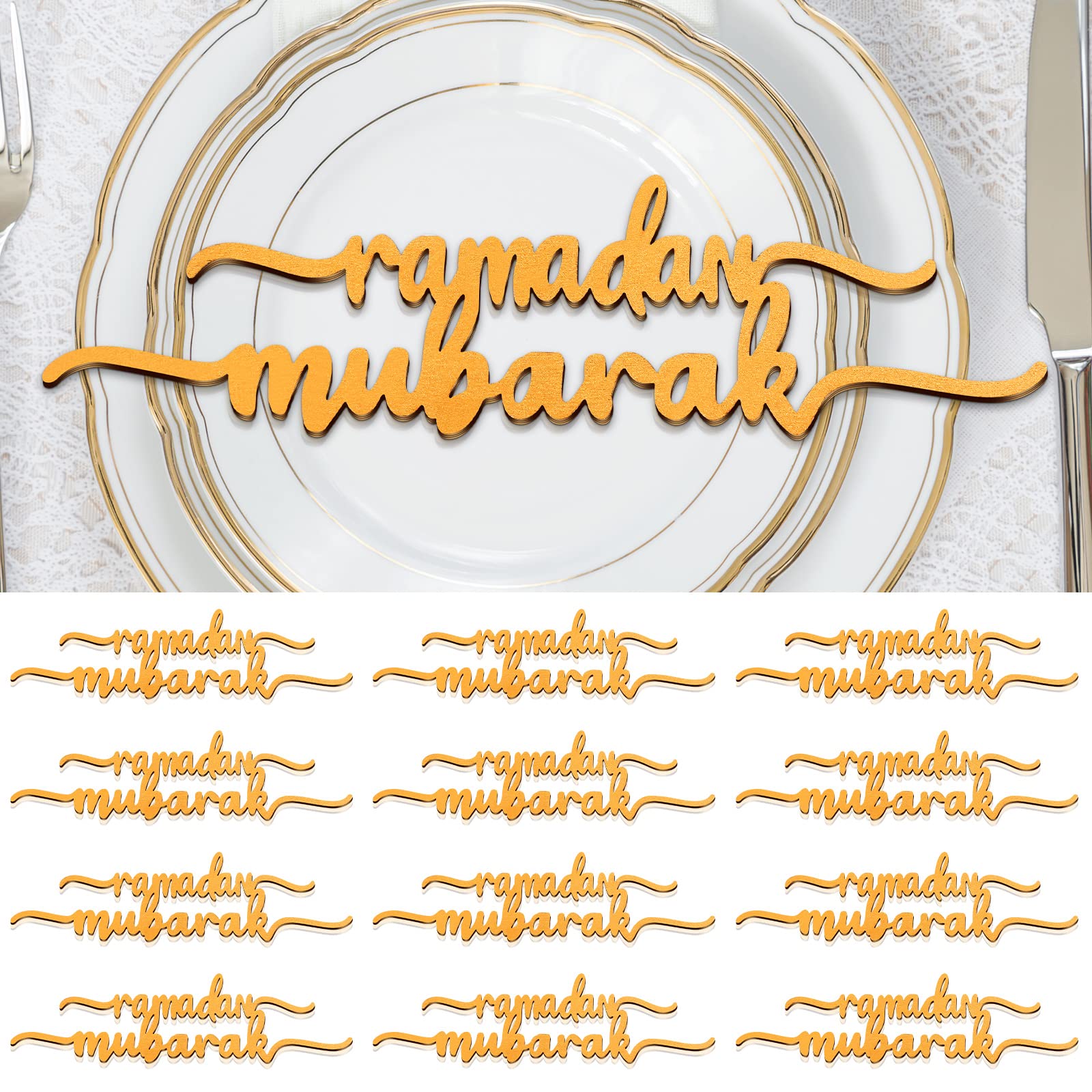 Photo 1 of 12 Piece Ramadan Wood Signs - Ramadan Mubarak & Kareem Islamic Table Decor for Eid & Party