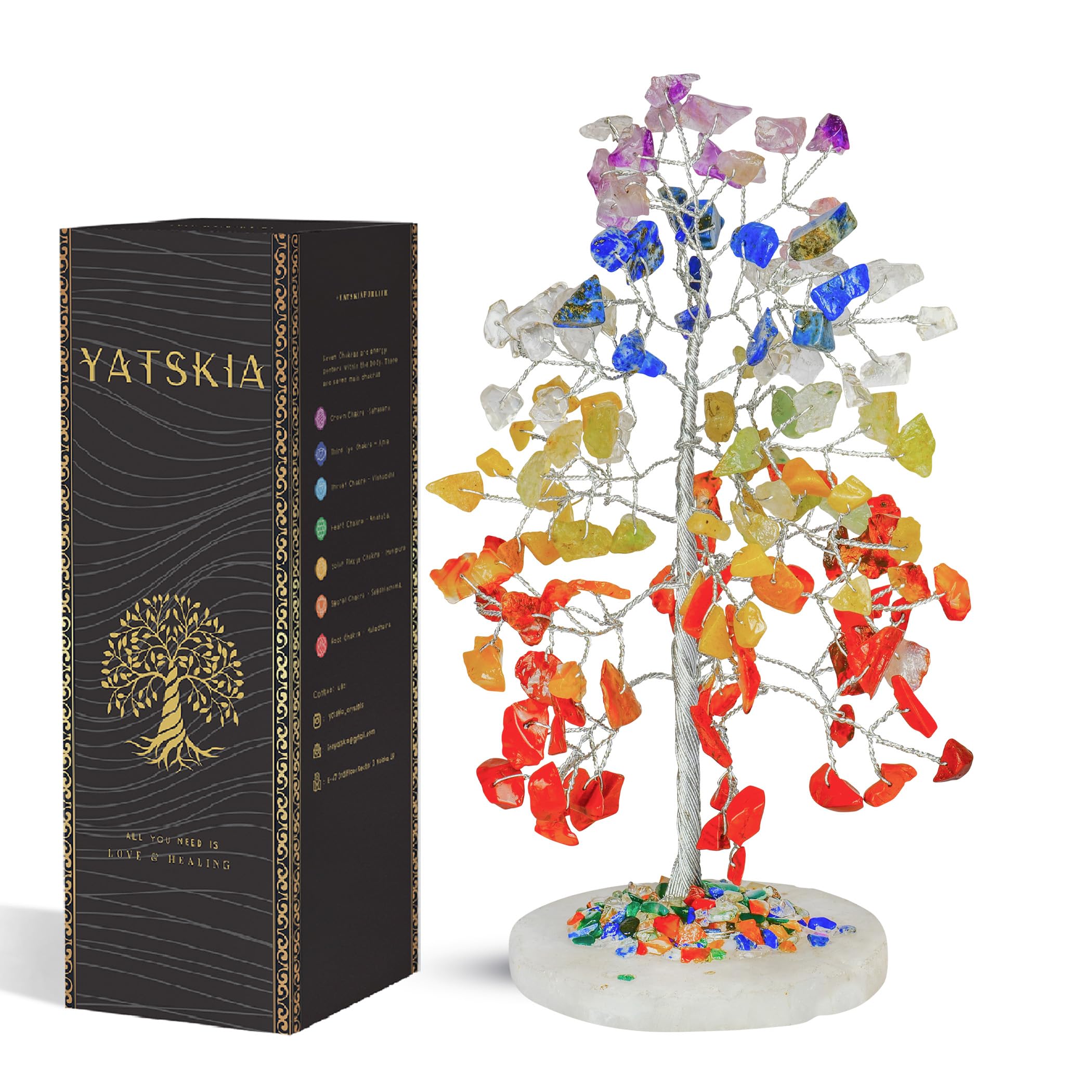 Chakra Tree of Life - Wrapped On Natural Geode Agate Slice Base, w/Tree of Life Necklace - Chakra Decor, Crystals and Healing Stones, Feng Shui Tree, Seven Chakra Tree, 7 Chakra Tree, Bonsai Tree