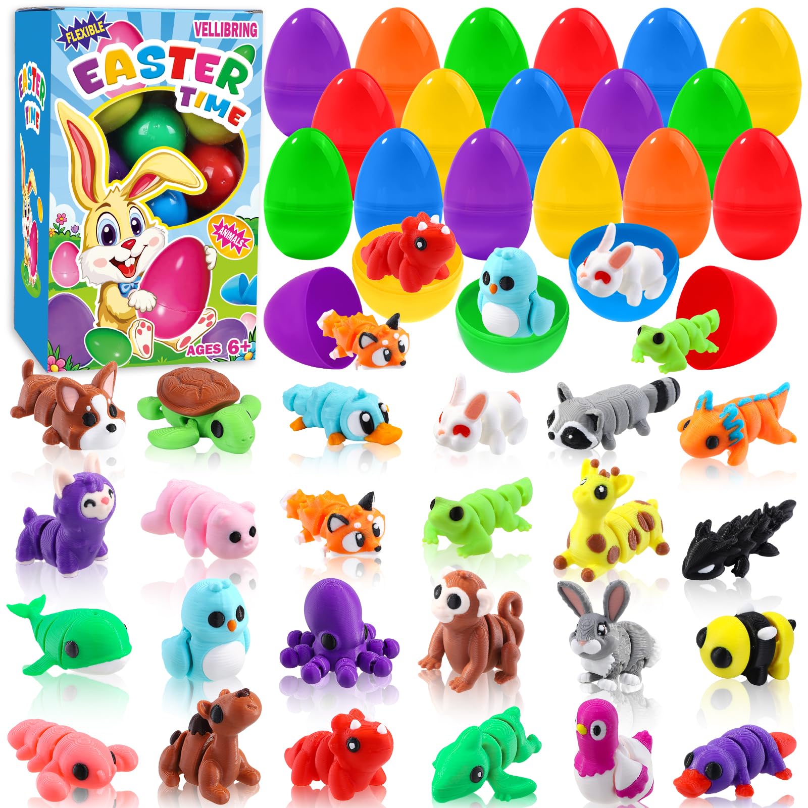 Vellibring 24pcs Prefilled Easter Eggs 3D Printed Animals for Kids, Easter Plastic Egg Basket Stuffers Hunt Gifts for Boys Girls Easter Prizes Goodie Bag Classroom Birthday Party Favor