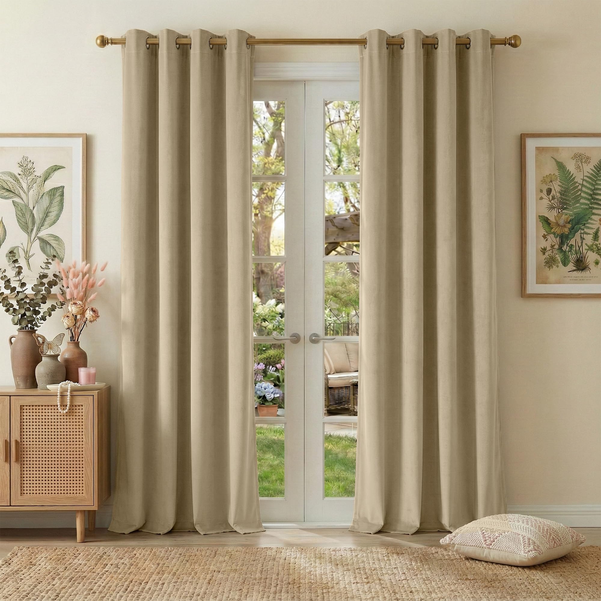 NICETOWN Beige Complete Blackout Velvet Curtains 96 inch Long 52 Wide 2 Panels, Sound Dampening Room Darkening Drapes for Nap Time Heat Blocking for Luxury Living Room Image