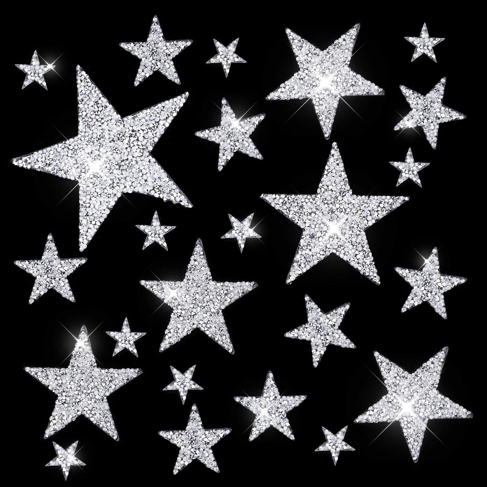 Photo 1 of 24 Pieces Rhinestone Star Iron on Patches Adhesive Iron On Stars 5 Sizes Glitter Star Appliques for Clothing Jeans Bags Hats Repair Decoration (Silver)