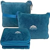 BlueHills Premium Soft Travel Blanket Pillow Airplane Blanket in Soft Bag case with Hand Luggage Belt and Carabiner Compact Pack Large Cozy Plane Car Train Teal Blue T022
