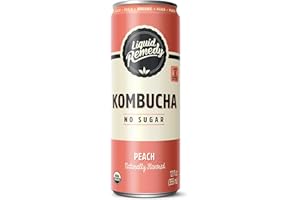 Liquid Remedy Kombucha Sugar Free Organic Drink, Low Calorie, Probiotic Like Tea for Gut Health - Peach - 12 Fl Oz Can