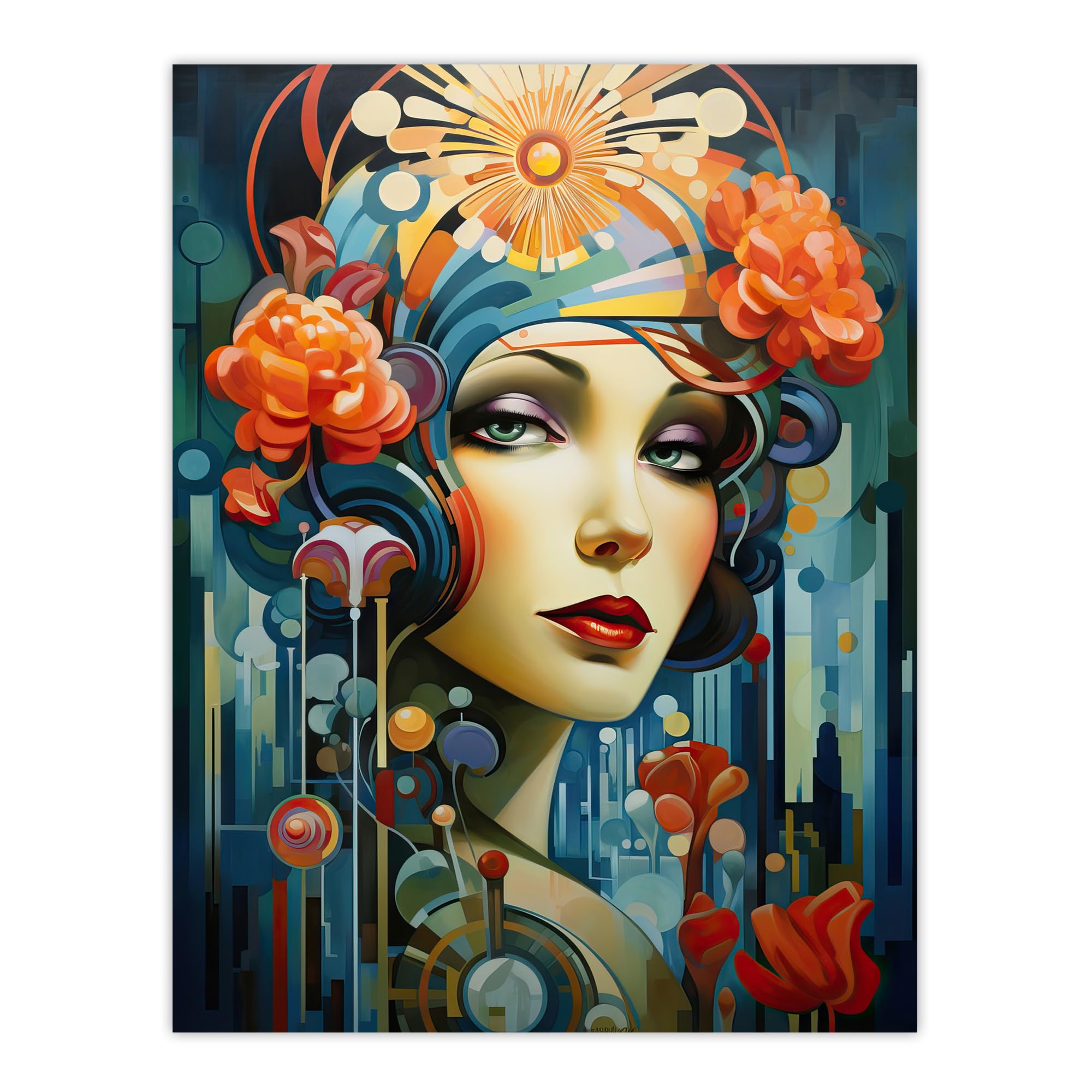Artery8 Metropolis Art Deco Woman Portrait With Flowers Artwork Bold Bright Large Wall Art Poster Print Thick Paper 18X24 Inch
