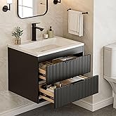 24 Inches Modern MDF Bathroom Vanity with Sink, Wall Mounted Floating Cabinets w/Double Drawers, Black Handles, White Resin S