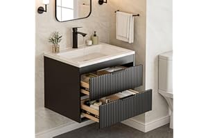 SUNTAGE 24 Inches Modern MDF Bathroom Vanity with Sink, Wall Mounted Floating Cabinets w/Double Drawers, Black Handles, White Resin Sink Combo Set (Black, 24")