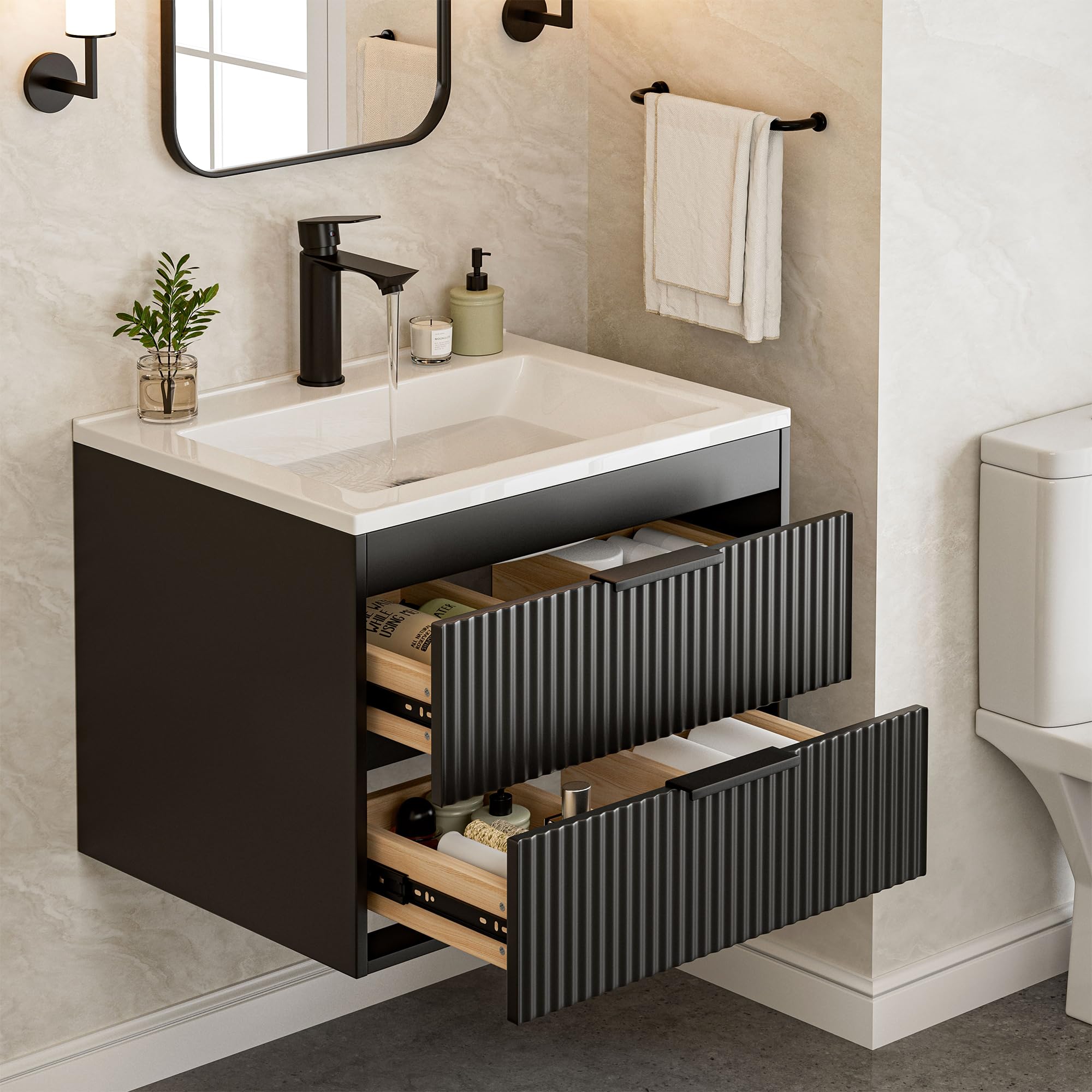 Photo 1 of 24 Inches Modern MDF Bathroom Vanity with Sink, Wall Mounted Floating Cabinets w/Double Drawers, Black Handles, White Resin Sink Combo Set (Black, 24")