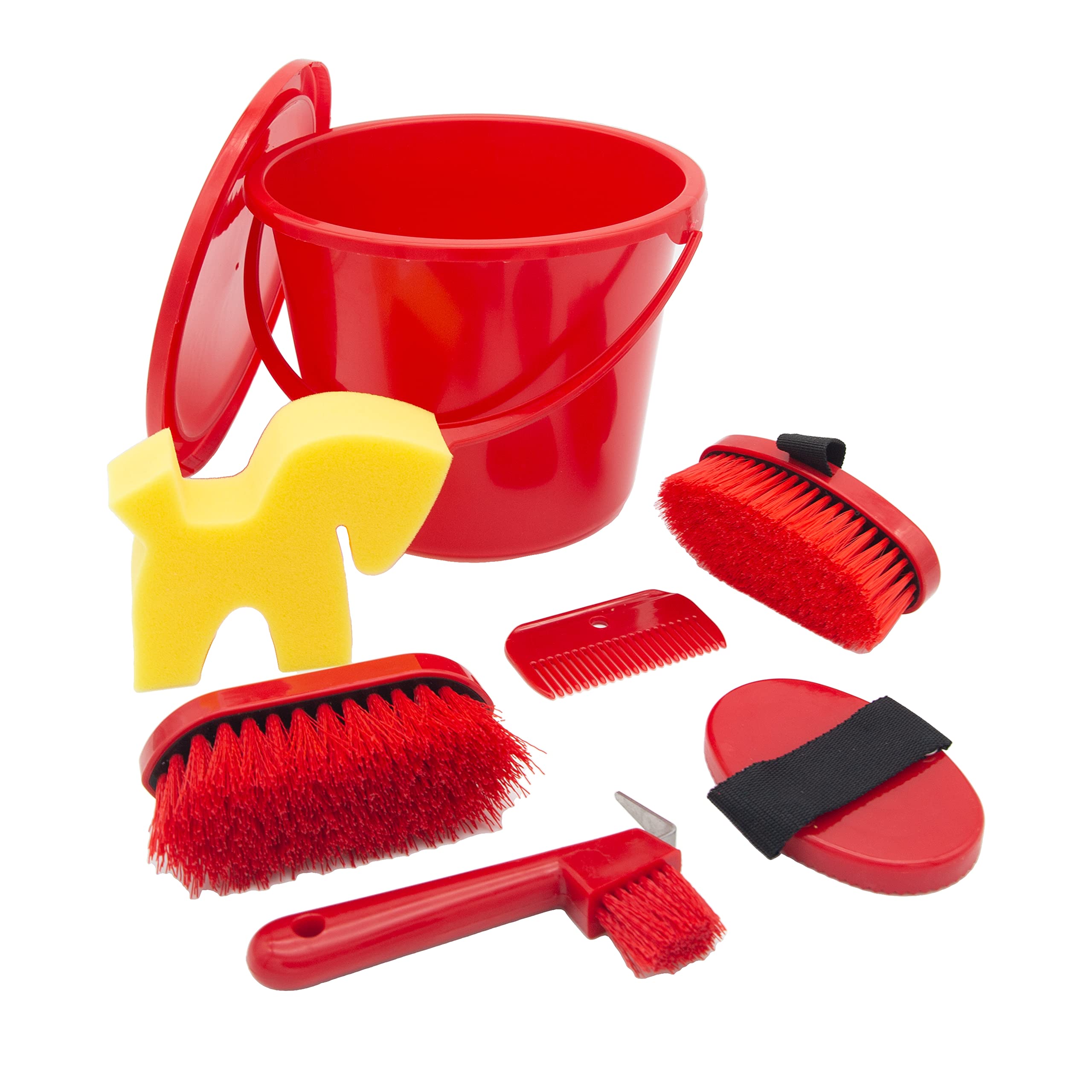 PFIFF 102361 Cleaning Set, Lockable Cleaning Bucket Filled, Horse Grooming Box, Red