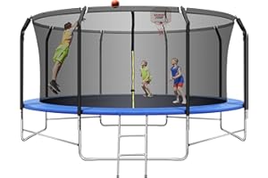JINS&VICO 14FT Trampoline with Balance Bar & Basketball Hoop, 1.4MM Thickened Recreational Trampoline for Adults & Kids, ASTM Approved Reinforced Type Outdoor Trampoline with Enclosure Net