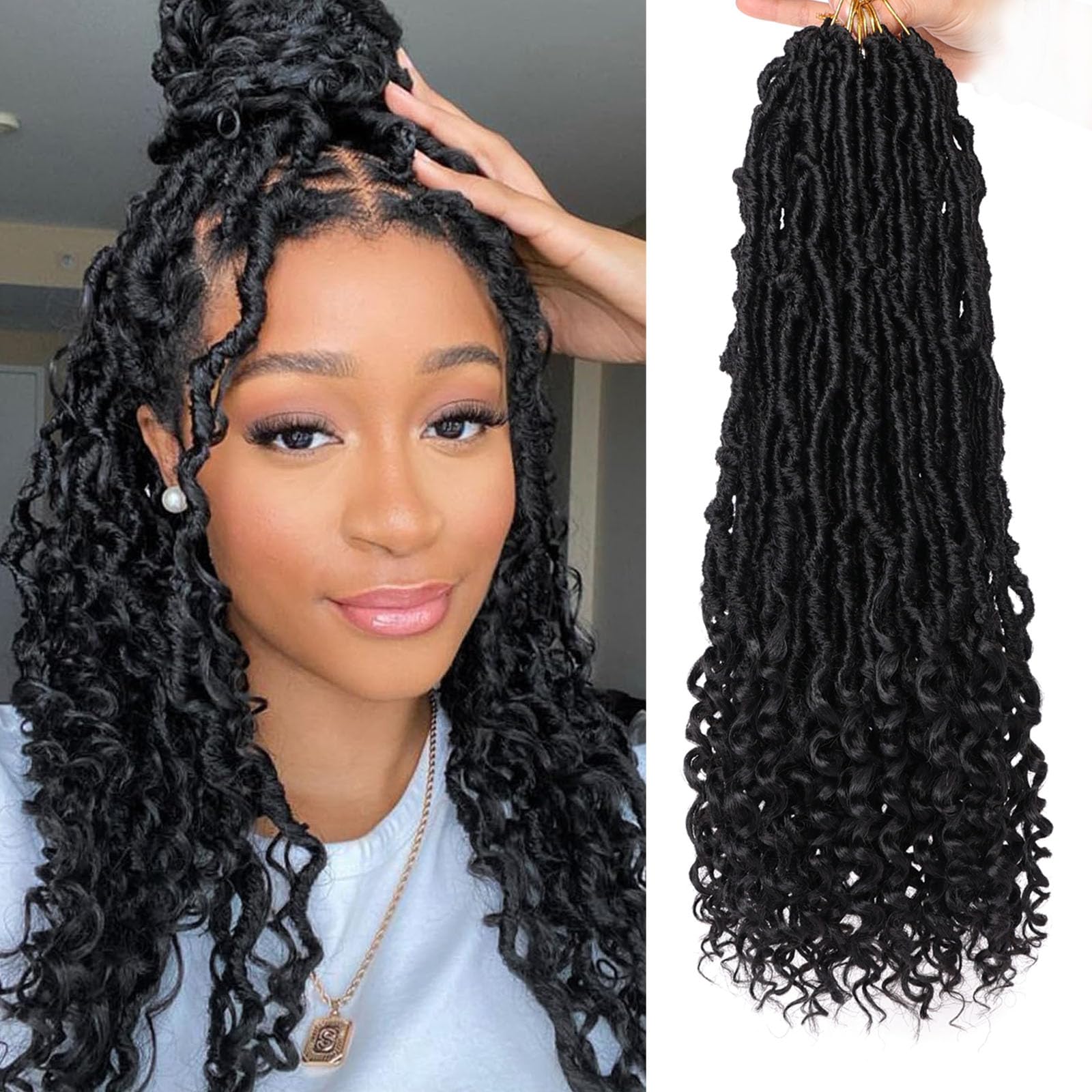 Samtress 7 Packs Faux Locs Crochet Hair With Curly Ends 18 Inch Pre-looped Braiding Hair Goddess Nu Locs Synthetic Braiding Hair Extensions Natural Black Soft Locs Crochet Hair for Women (#1B) — image 1