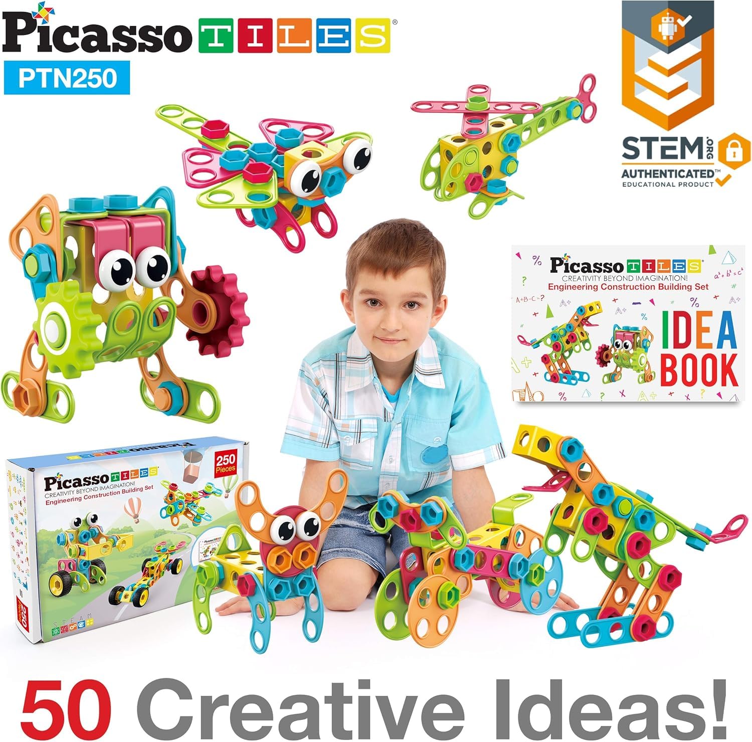 PicassoTiles STEM Learning Toys 250 Piece Building Block Kids Construction Engineering Kit Toy Blocks Children Early Education Playset w/Free IdeaBook, Power Drill, Clickable Ratchet, Age 3+ PTN250
