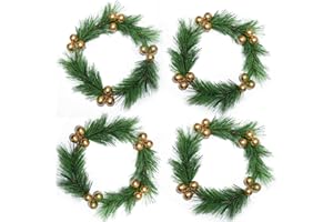 PALONMY 4pcs Christmas Candle Rings Wreaths Artificial Golden Berries Greenery Pine Needles Garland Christmas Wreath Candle Rings Holder for Wedding Christmas Table Centerpiece Home Dinner Table Decor