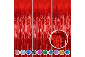 Foil Fringe Curtains Thanksgiving Decorations Red Streamers Party Decorations - Melsan 3 Pack 3.2 x 8.2 ft red Fringe Backdrop Party Photo Backdrop for Back to School Birthday Party Baby Shower