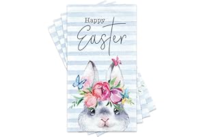 369DECOR Happy Bunny Easter Paper Napkins, 3 Ply - 4.3 x 7.8 Inch, Floral, Gray Bunny Design on Blue, Disposable Rabbit Napkins for Spring Holiday, Easter Dinner Party & Baby Shower, Cute Bathroom Hand Towels
