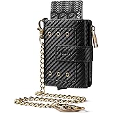VULKIT Mens Wallet RFID Protected with Chain, POP UP Credit Card Ejector Case, ID Window, Zipper Pocket for Coins and Compartment for Bills/Banknotes, Carbon Black