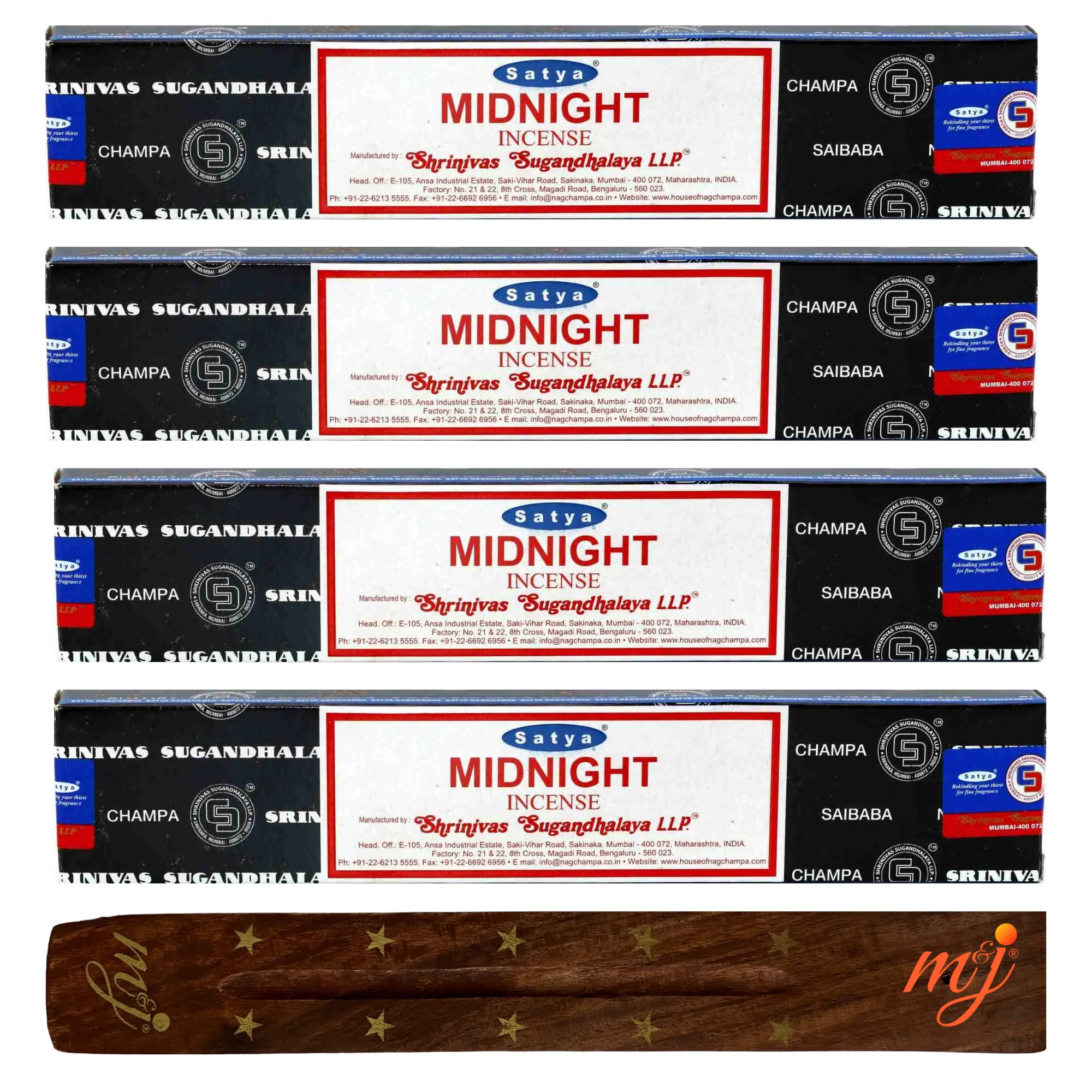 Original Satya Nag Champa Midnight Incense Sticks | with M&J incense sticks holder | x4 pack | for Aromatherapy, Spa, Yoga, Weddings, Meditation, Healing, Positivity and Relaxation — image 1
