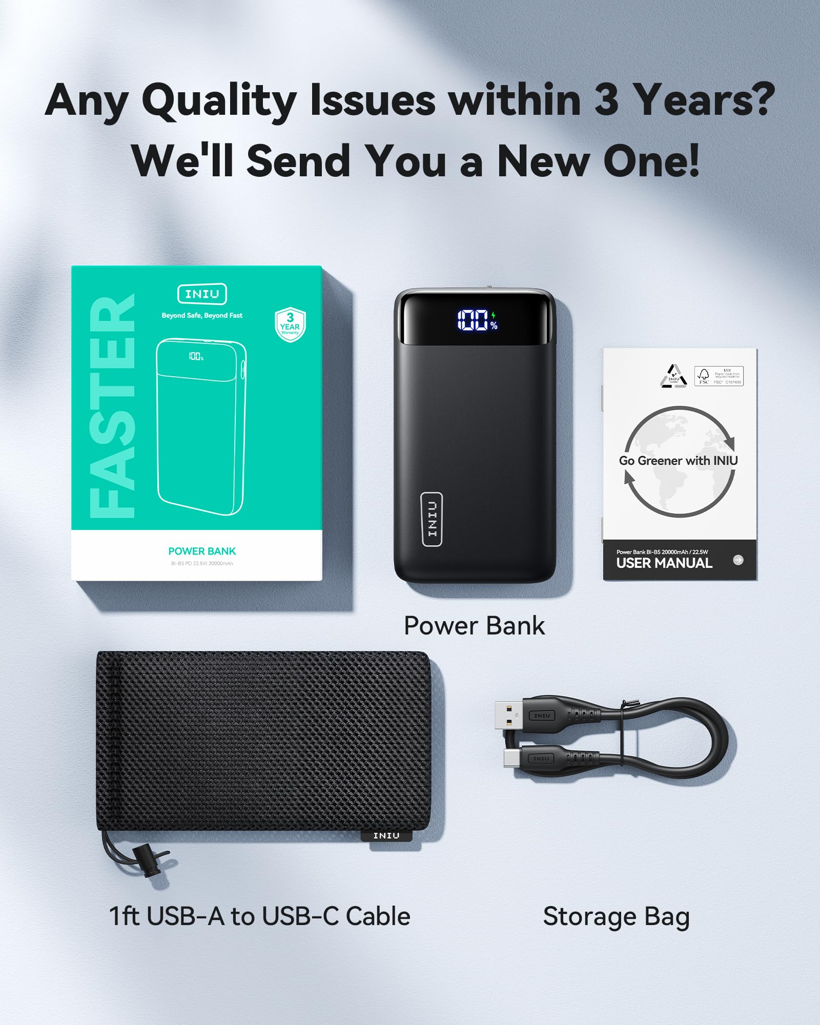 INIU Power Bank, 20000mAh Fast Charging Portable Charger, 22.5W Powerbank with USB Type C Input & Output, Battery Pack PD3.0 QC4.0 for iPhone 16 15 14 13 12 Pro Max Mini Plus Samsung S24 S23 iPad etc
