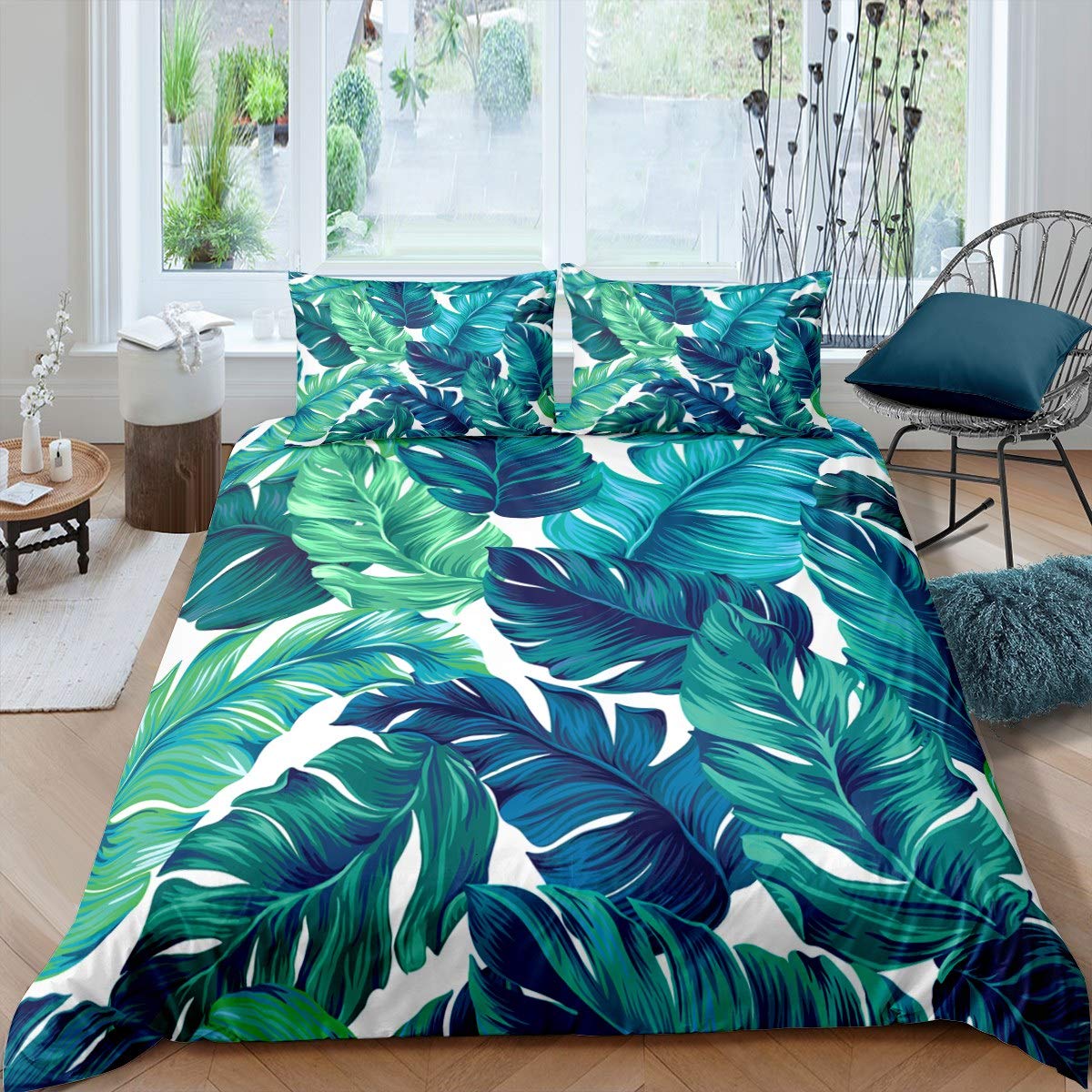 Loussiesd Palm Leaf Bedding Set Palm Tree Print Duvet Cover For Kids Children Teens Adult Hawaiian Tropical Plam Comforter Cover Green Nature Theme Bedspread Cover Quilt Cover 2Pcs Single Size