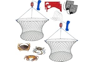 Aqwxc Double Ring Crab Trap - Steel Ring Crab Net, 24" Top, 20" Bottom, 50' Rope, Clip, Gauge for Dungeness, Rock and Blue Crab