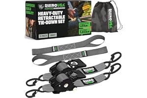 Rhino USA Retractable Ratchet Straps (2-Pack) - 2 Inch x 10 Feet (3,033lb Break Strength) - Heavy Duty Auto Self Retracting Tie Down Straps for Truck, Cargo Trailer, Motorcycle, Rad & More - Gray