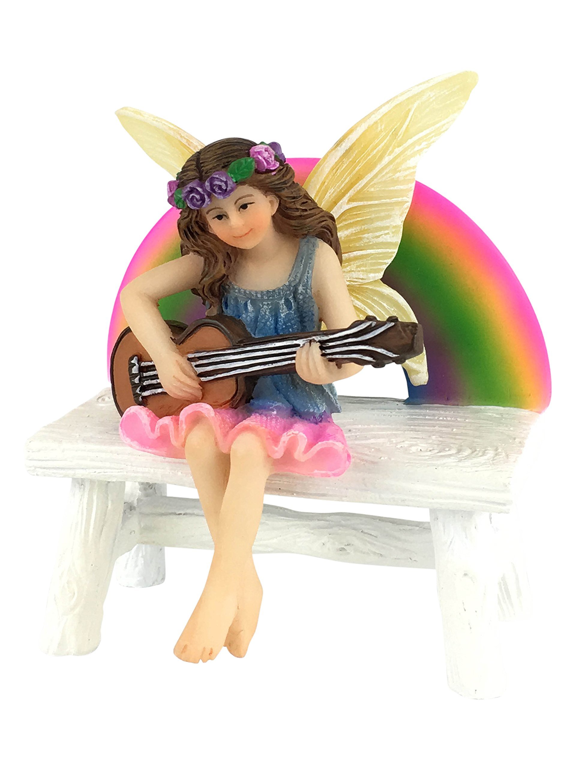 GlitZGlam Megan the Rainbow Fairy with Rainbow Bench – a Miniature Fairy Figurine for Your Fairy Garden