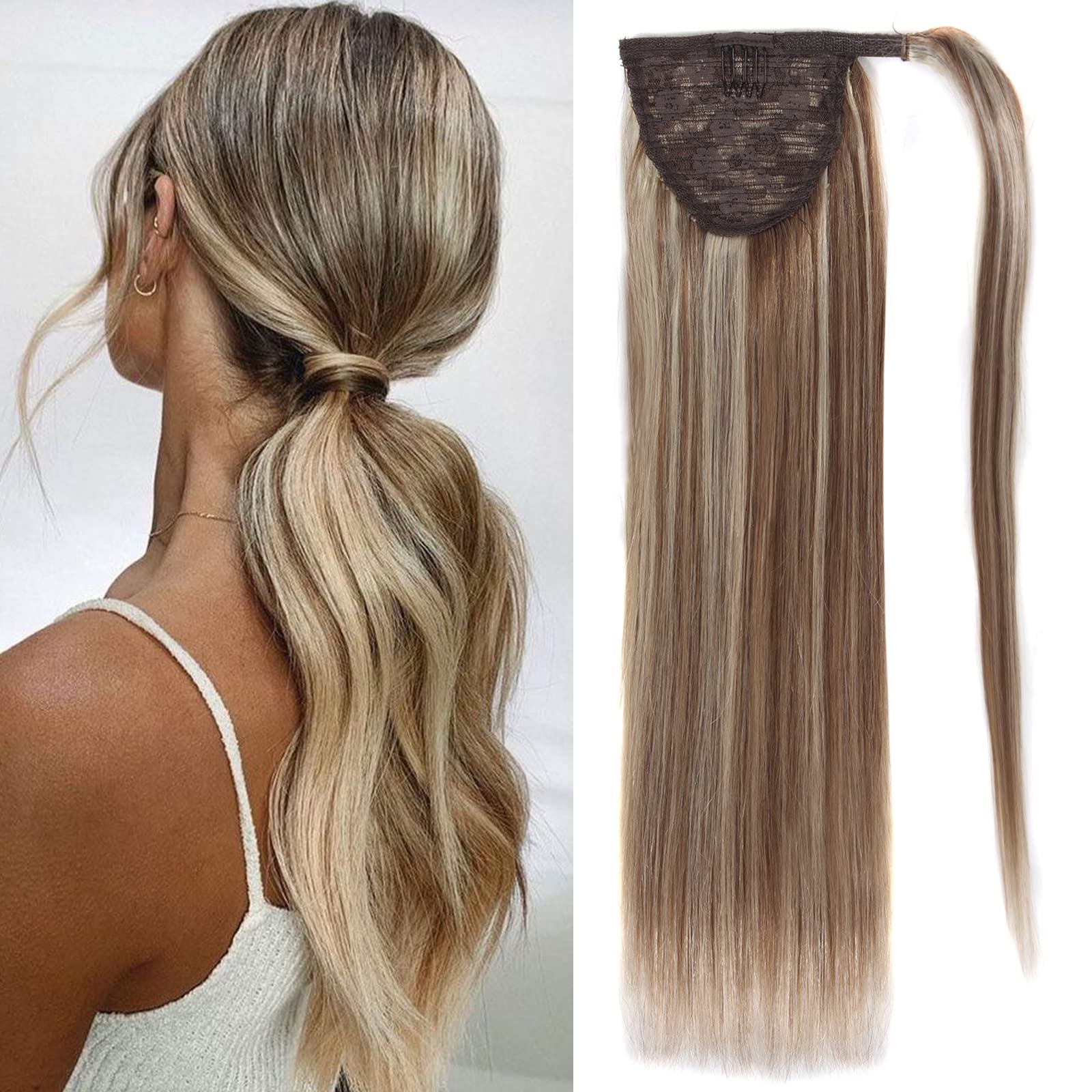 Ugrace Hair Ponytail Extension Human Hair Virgin Straight Human Hair Wrap Around Long Ponytail Clip in Hair Extensions One Piece Hairpiece Hair For Women (22 inch, Highlight P10/613)