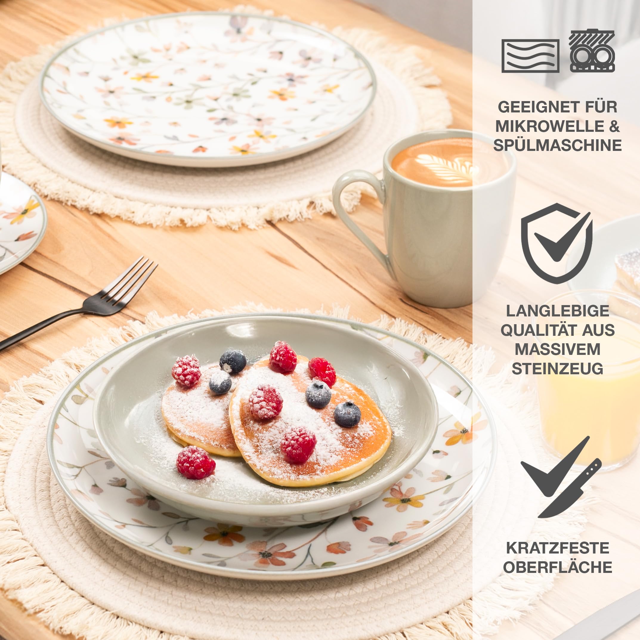 Moritz & Moritz PRIMAVERA Steingut Geschirrset 6 Personen 24-tlg. - Modernes Tafelservice mit verspieltem Design, Pflegeleichtes Kaffeeservice mit Teller Set, Schüsseln & Tassen - Kombiservice 5