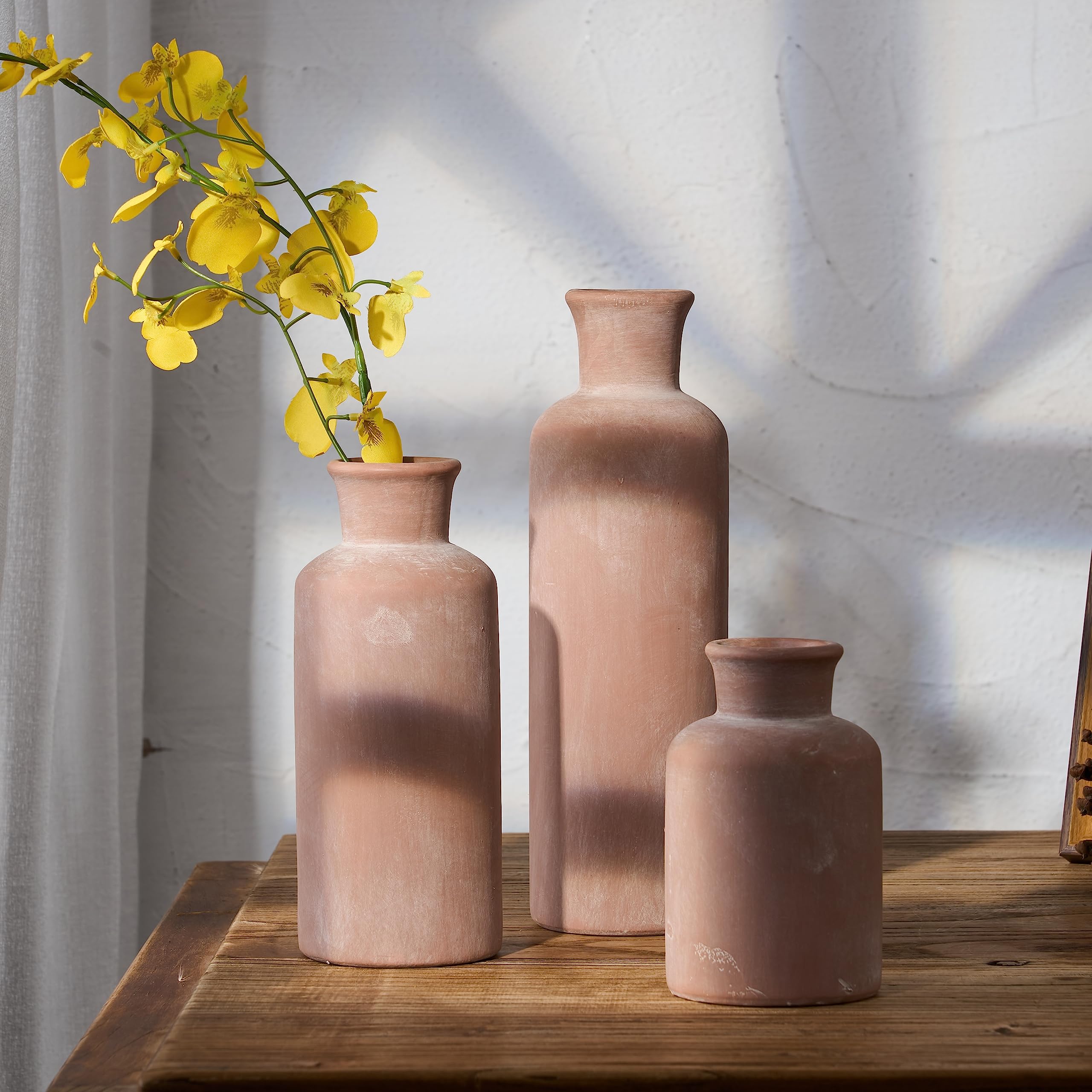 LUKA Ceramic Rustic Farmhouse Vase,Terracotta Vases for Decor,Vase Set of 3,Vase for Your Bedroom,Office,Living Room,Fireplace,Bookshelf Decor,Housewarming 10+7.5+5 Inch - Image 5