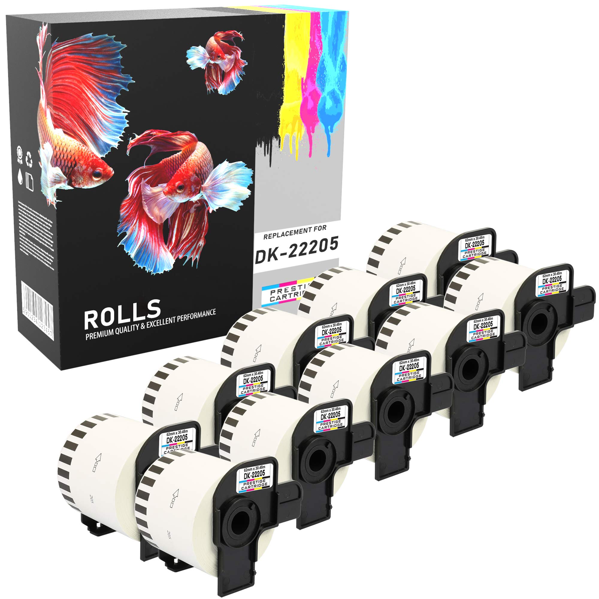 10 Compatible Rolls DK-22205 62mm x 30.48m Continuous White Address Labels Compatible with Brother P-Touch QL-500 QL-550 QL-560 QL-570 QL-700 QL-720NW QL-800 810W QL-820NWB QL-1050 QL-1100 QL-1110NWB