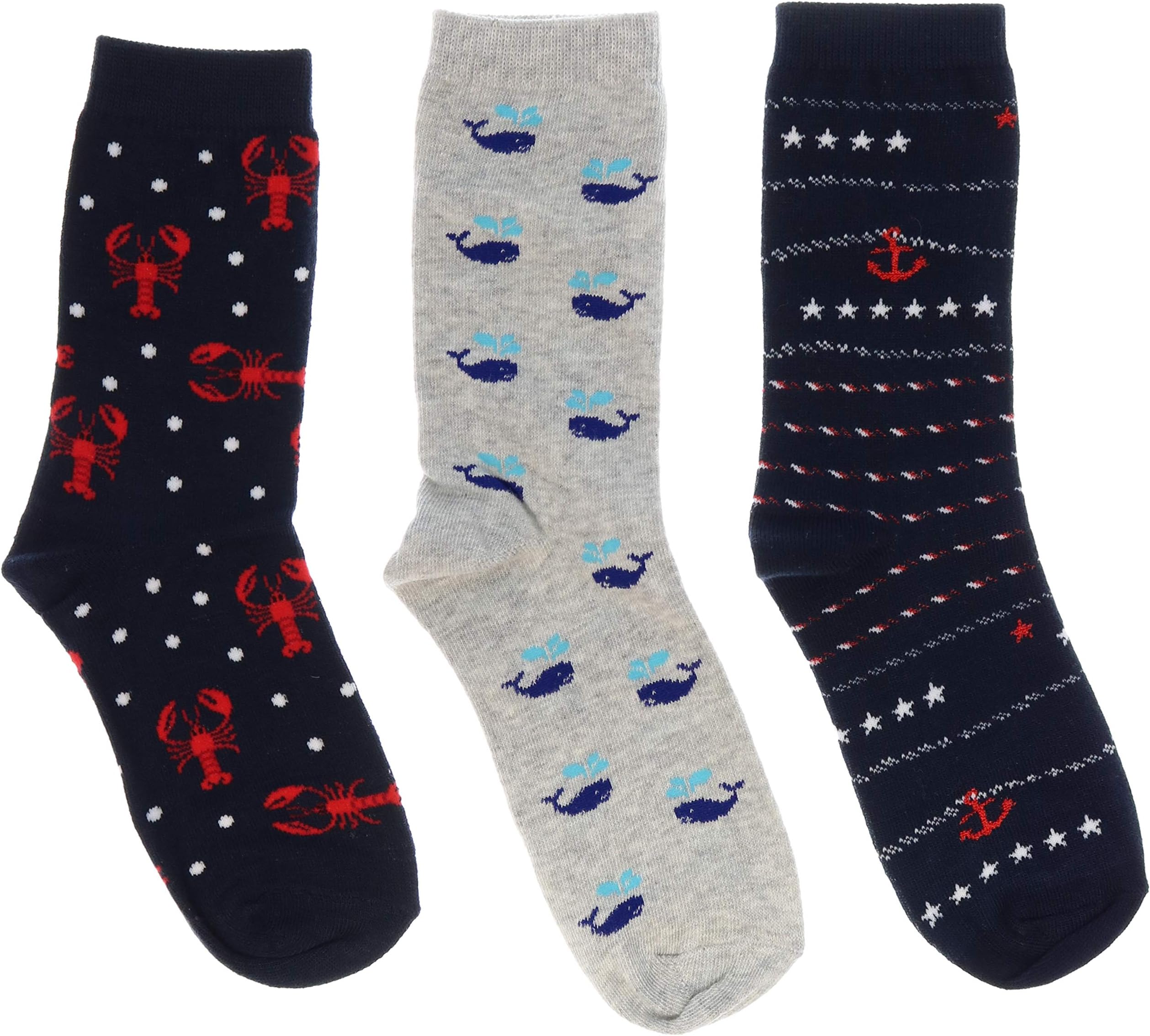 Davco Women's New England Love Crew Socks (3 Pr), Whales, Lobsters, Anchors